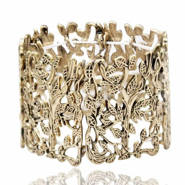 New Vintage Hollow Fashion Jewellery Gold Colour Leaves Elastic Wide Bracelet Bangles For Women